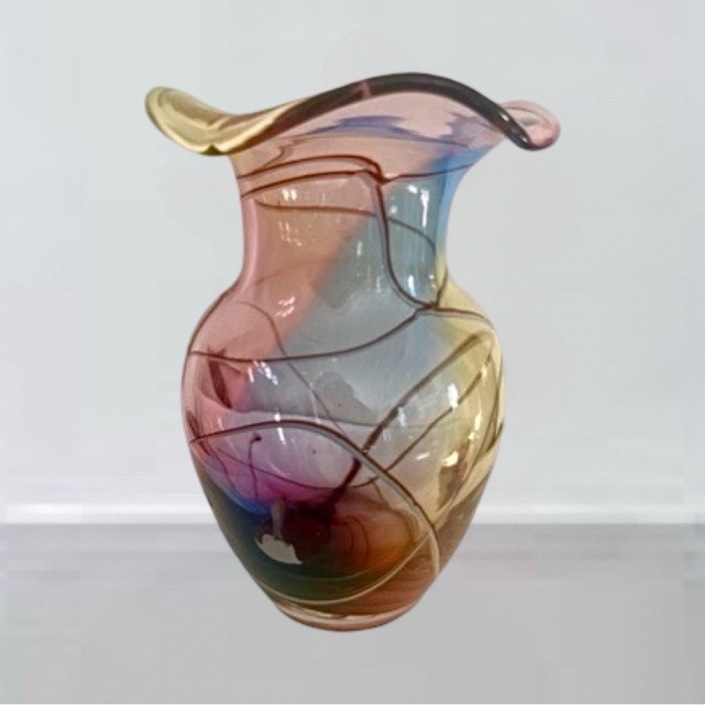 Rare Adam Jablonski Crystal Ruffle Mouth Multi-color Vase 8”